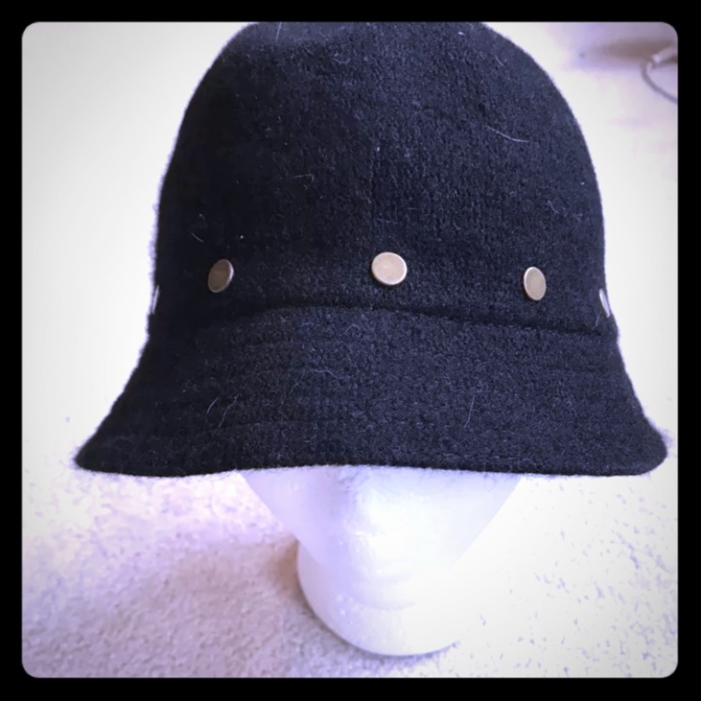 August Compan Black Wool Bucket Cloche studded Hat